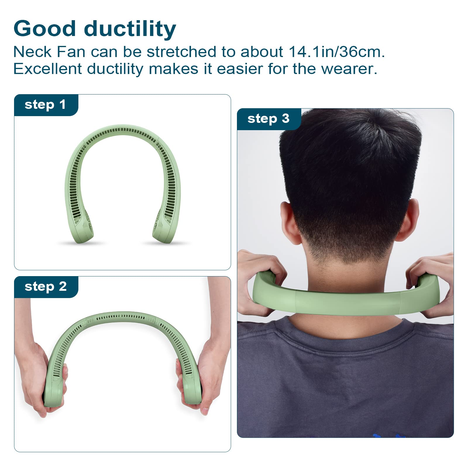 CIVPOWER Neck Fan Portable Personal Cooling Rechargeable Bladeless Hands Free 3 Speed USB Operated Wearable Design for Men Women Light Green - View 7 of 9