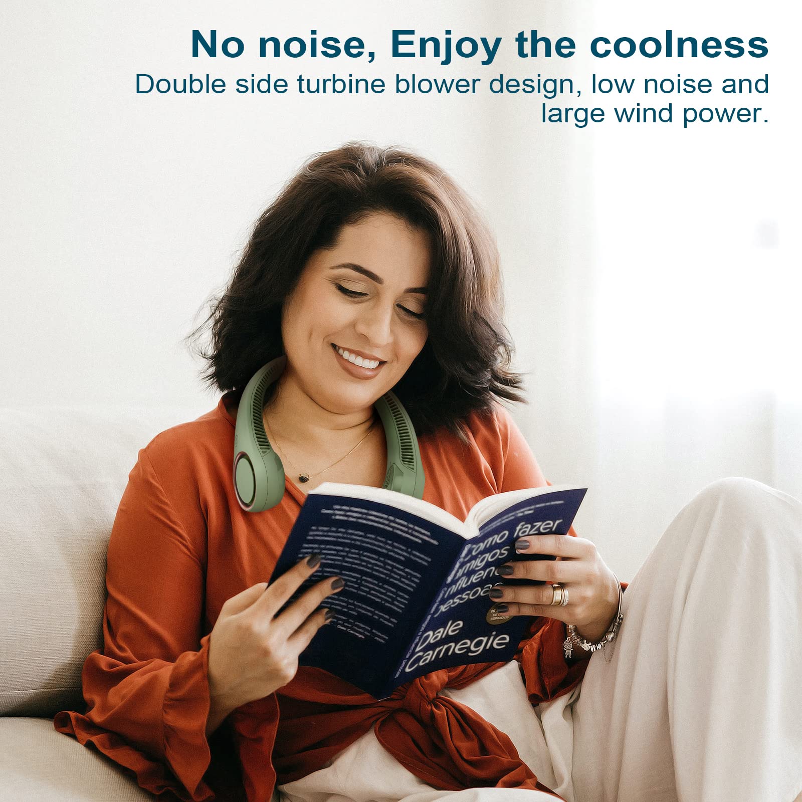 CIVPOWER Neck Fan Portable Personal Cooling Rechargeable Bladeless Hands Free 3 Speed USB Operated Wearable Design for Men Women Light Green - View 8 of 9