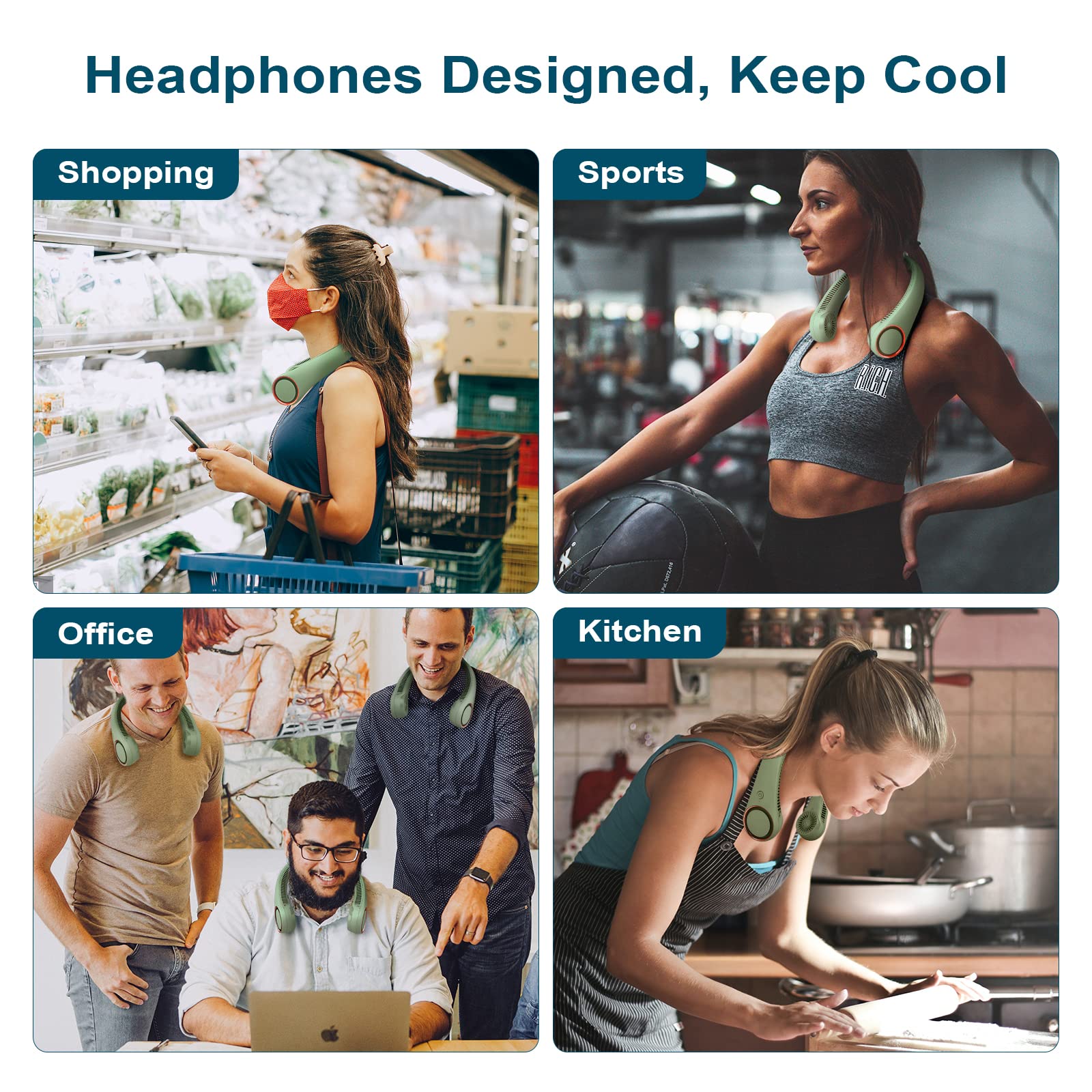 CIVPOWER Neck Fan Portable Personal Cooling Rechargeable Bladeless Hands Free 3 Speed USB Operated Wearable Design for Men Women Light Green - View 9 of 9