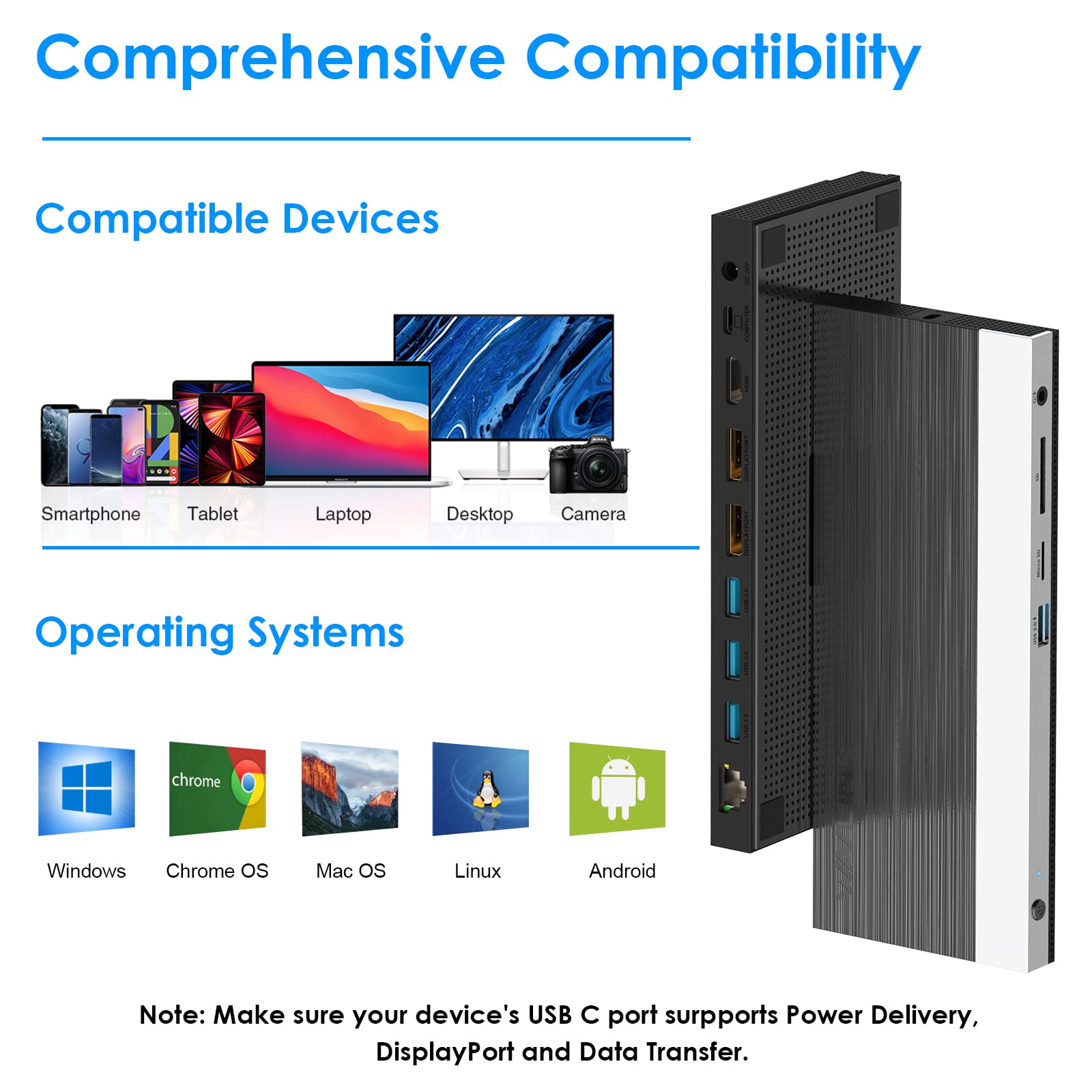 WAVLINK WAVLINK USB C Docking Station Triple Display with 130W Power Adapter for Laptops HDMI DisplayPort Ethernet USB 3.0 SD TF Slot Black - View 4 of 9