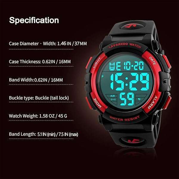 A ALPS ALPS Boys Digital Sport Watch: Waterproof, LED Backlight, Alarm & Calendar for Ages 3-15 - View 9 of 9