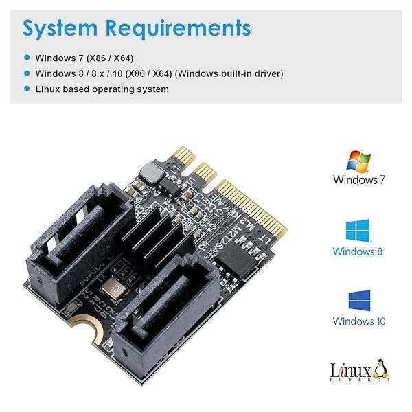 MZHOU MZHOU M.2(A+E Key) to 2 Ports SATA3.0 6G Multiplier Free Driver with 2X SATA Cables for Motherboard SATA Hard Drive Port Extension Cards - View 7 of 9