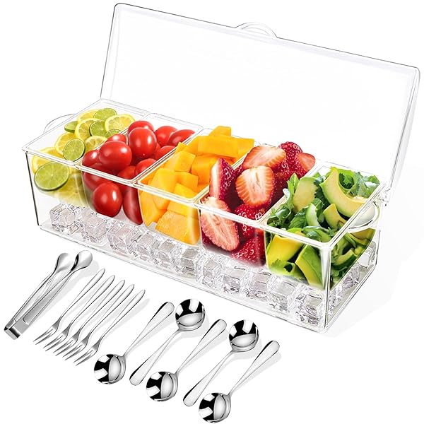 ARSTPEOE Chilled Condiment Tray with Stainless Steel Spoons & Forks - Perfect Bar Garnish Holder & Salad Server