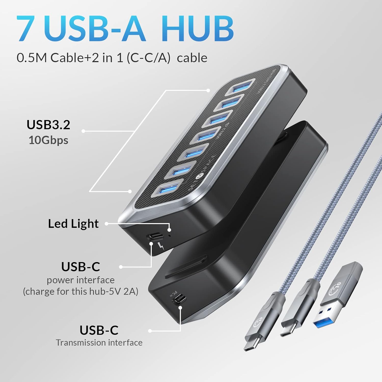 SETMSPACE SETMSPACE 7 Port USB Hub for Laptop USB 3.2 10Gbps Splitter with 2 in 1 Cable Compatible with iMac MacBook Dell Xbox - View 8 of 8