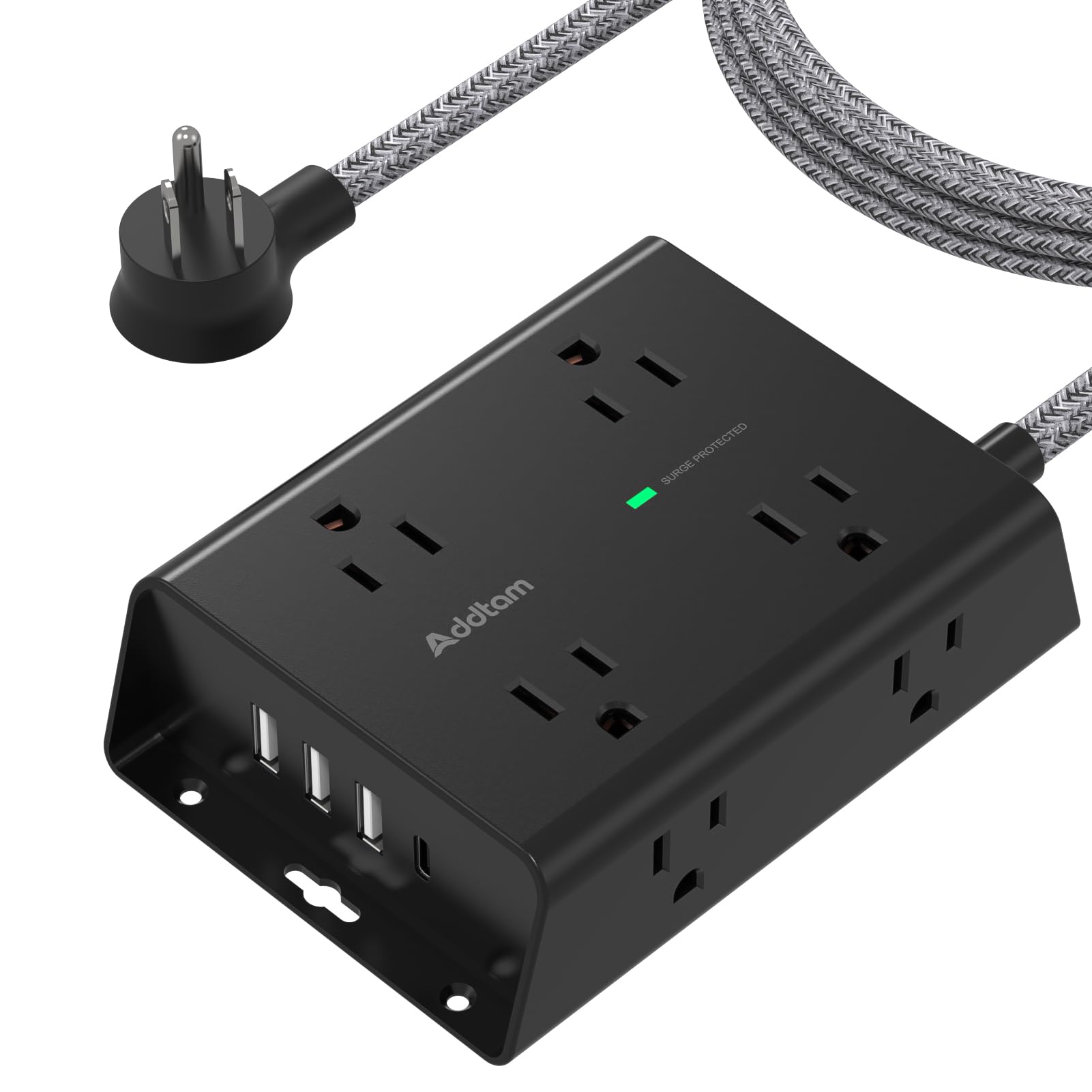 Addtam Addtam 10Ft Surge Protector Power Strip: 8 AC Outlets, 4 USB Ports, Flat Plug & Wall Mount for Home & Office