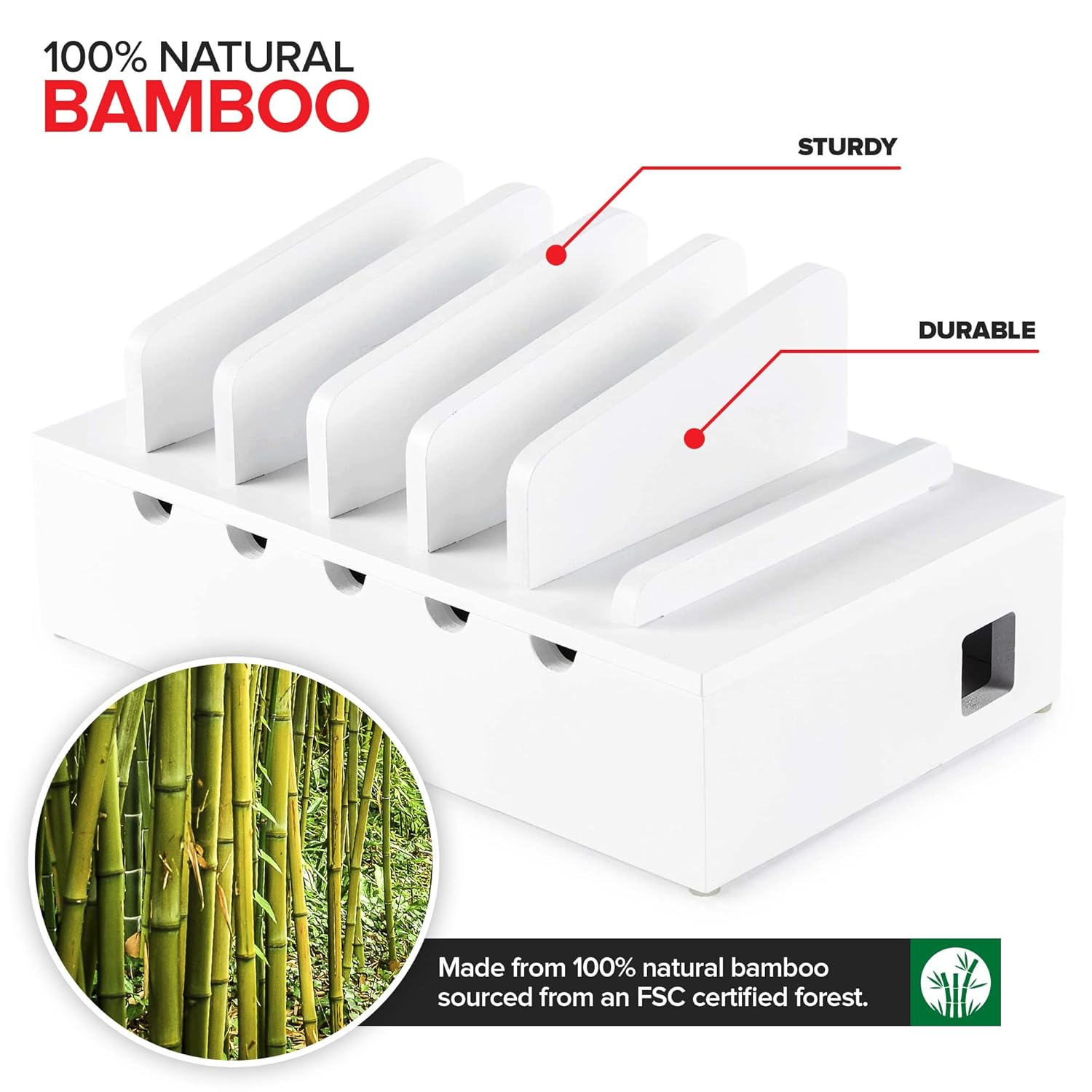 Modern Innovations Modern Innovations Bamboo Charging Station for Multiple Devices White Wood Organizer Desk Docking Stand for Cell Phone Charger Compatible with Apple Android iPad iPhone Tablet Laptop - View 3 of 6