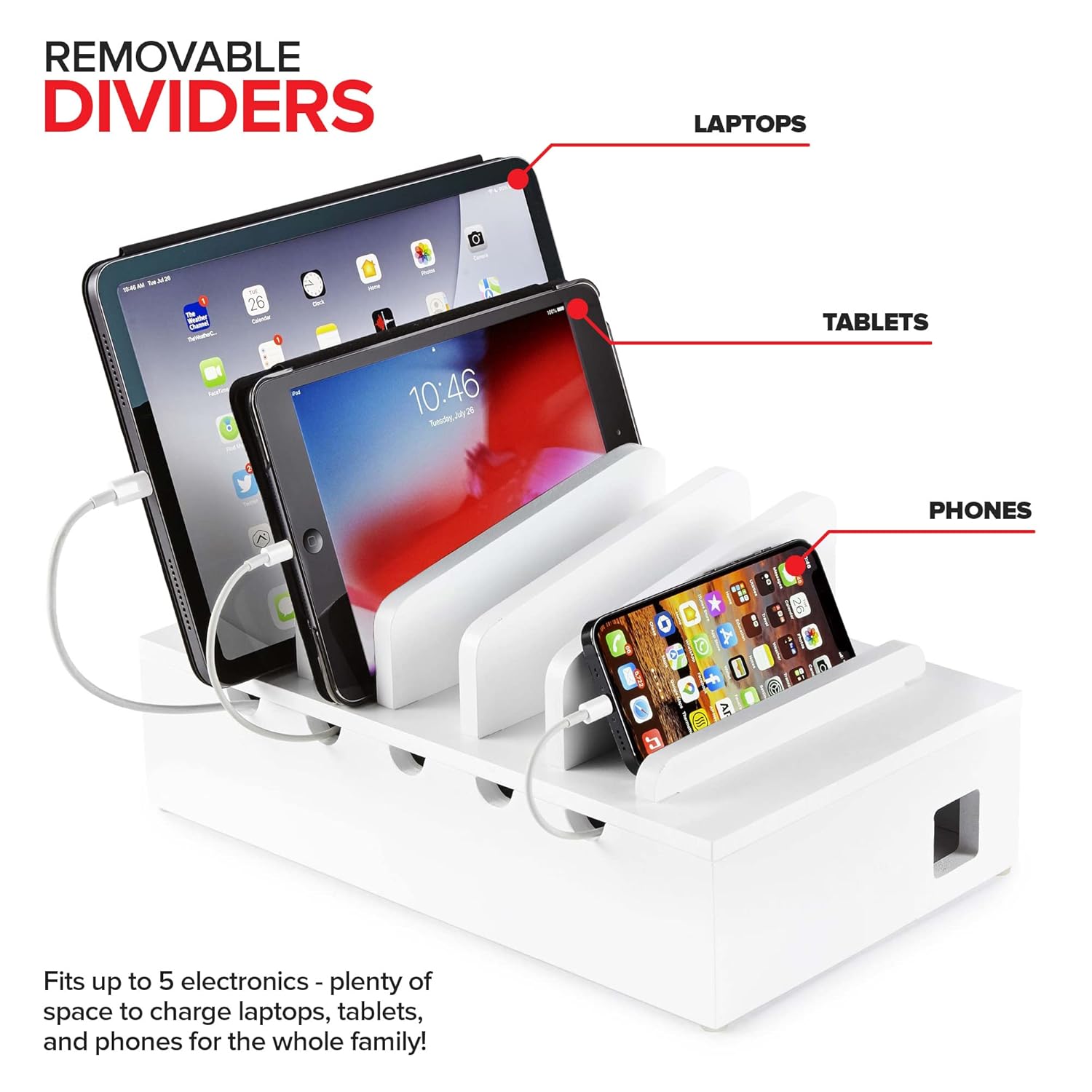 Modern Innovations Modern Innovations Bamboo Charging Station for Multiple Devices White Wood Organizer Desk Docking Stand for Cell Phone Charger Compatible with Apple Android iPad iPhone Tablet Laptop - View 4 of 6