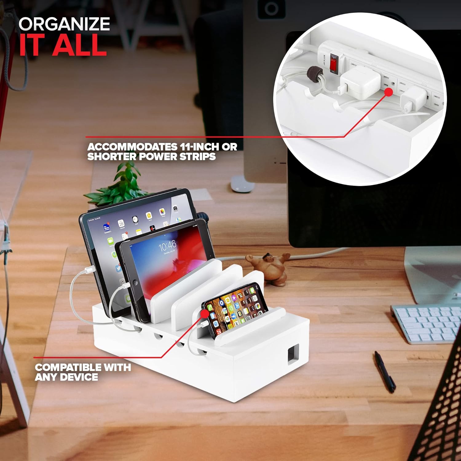 Modern Innovations Modern Innovations Bamboo Charging Station for Multiple Devices White Wood Organizer Desk Docking Stand for Cell Phone Charger Compatible with Apple Android iPad iPhone Tablet Laptop - View 6 of 6