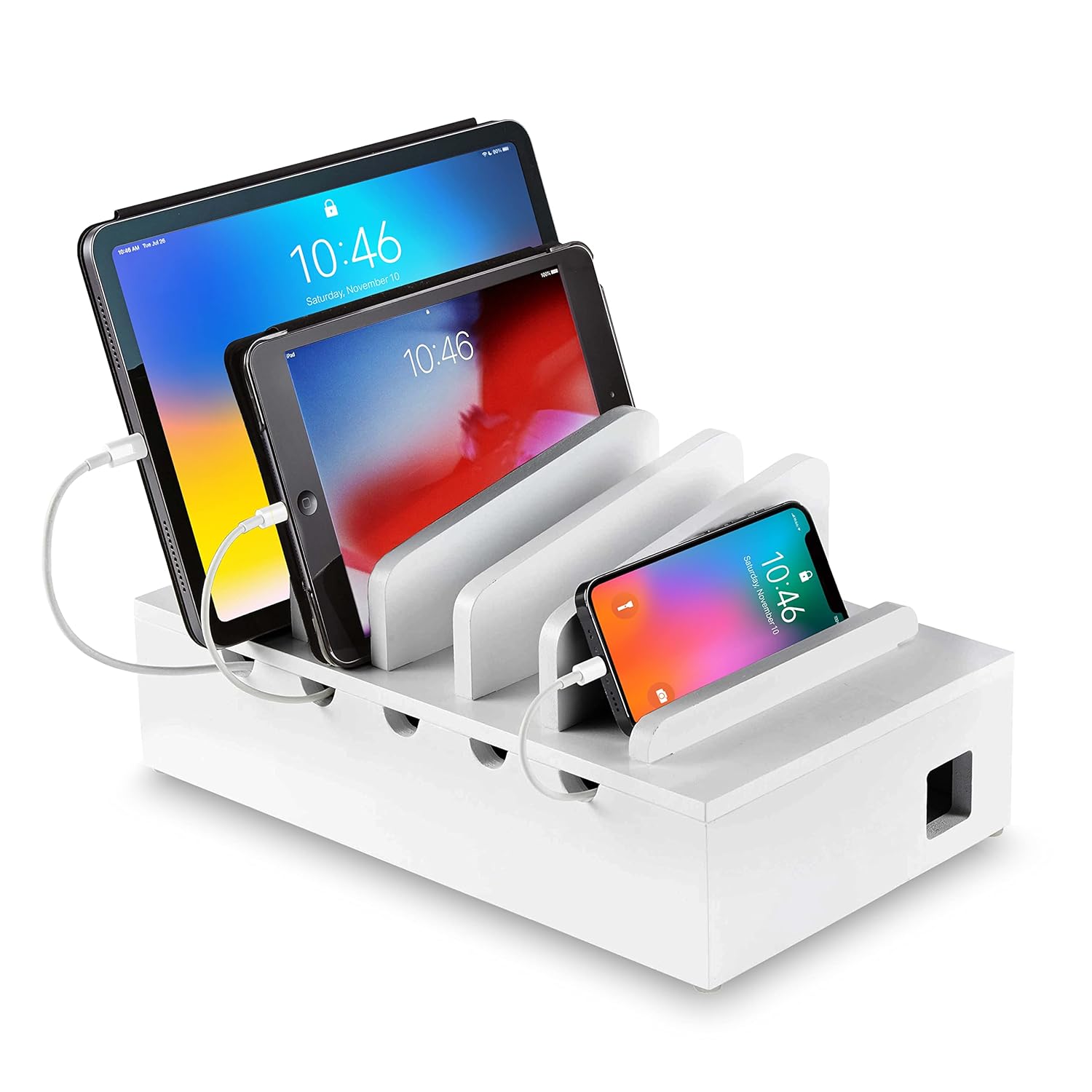 Modern Innovations Modern Innovations Bamboo Charging Station for Multiple Devices White Wood Organizer Desk Docking Stand for Cell Phone Charger Compatible with Apple Android iPad iPhone Tablet Laptop