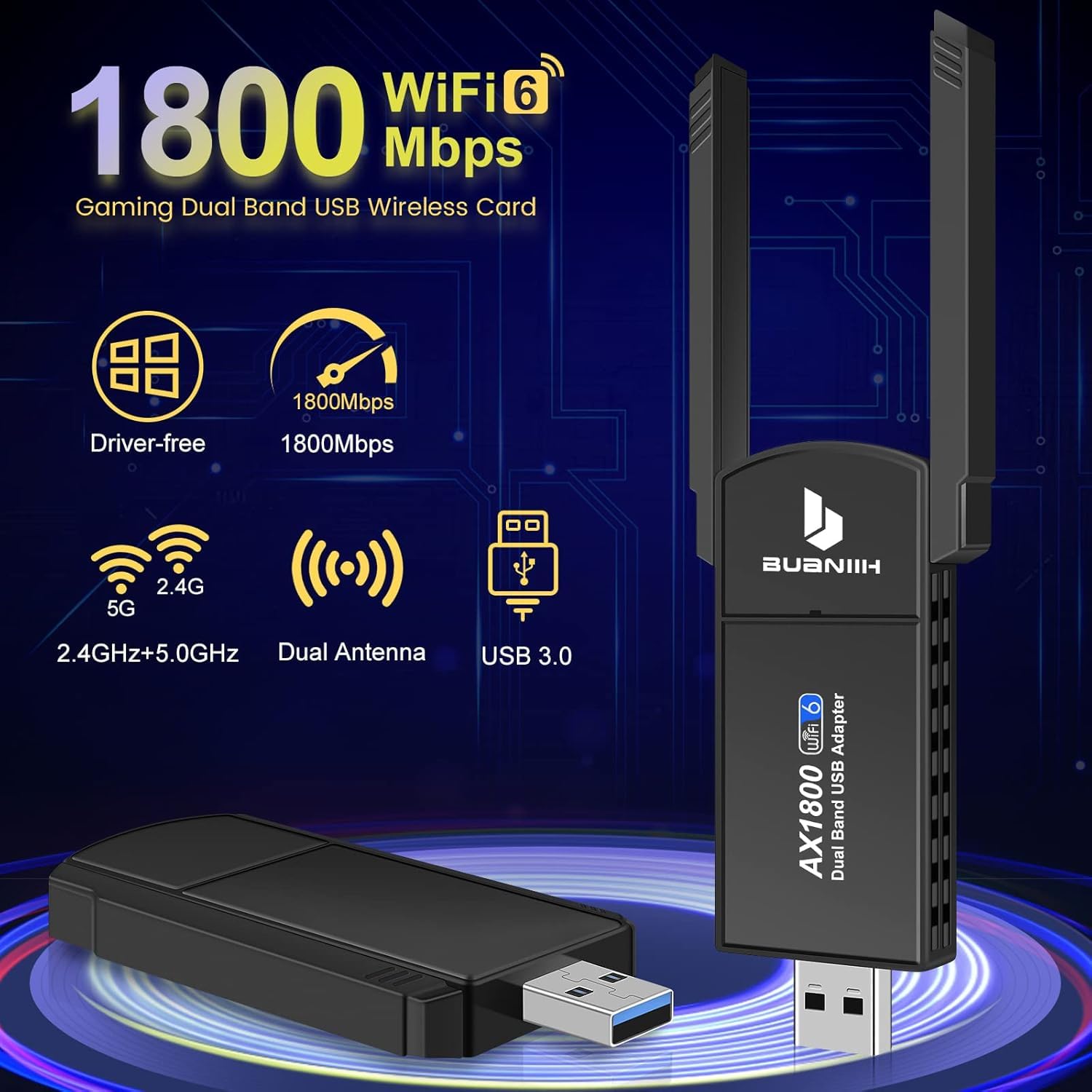 BUANIIH High Speed WiFi USB Adapter for PC 1800Mbps Dual Band with 5dBi Antennas for Stable Streaming and Gaming Compatible with Windows 7 to 11 - View 2 of 7