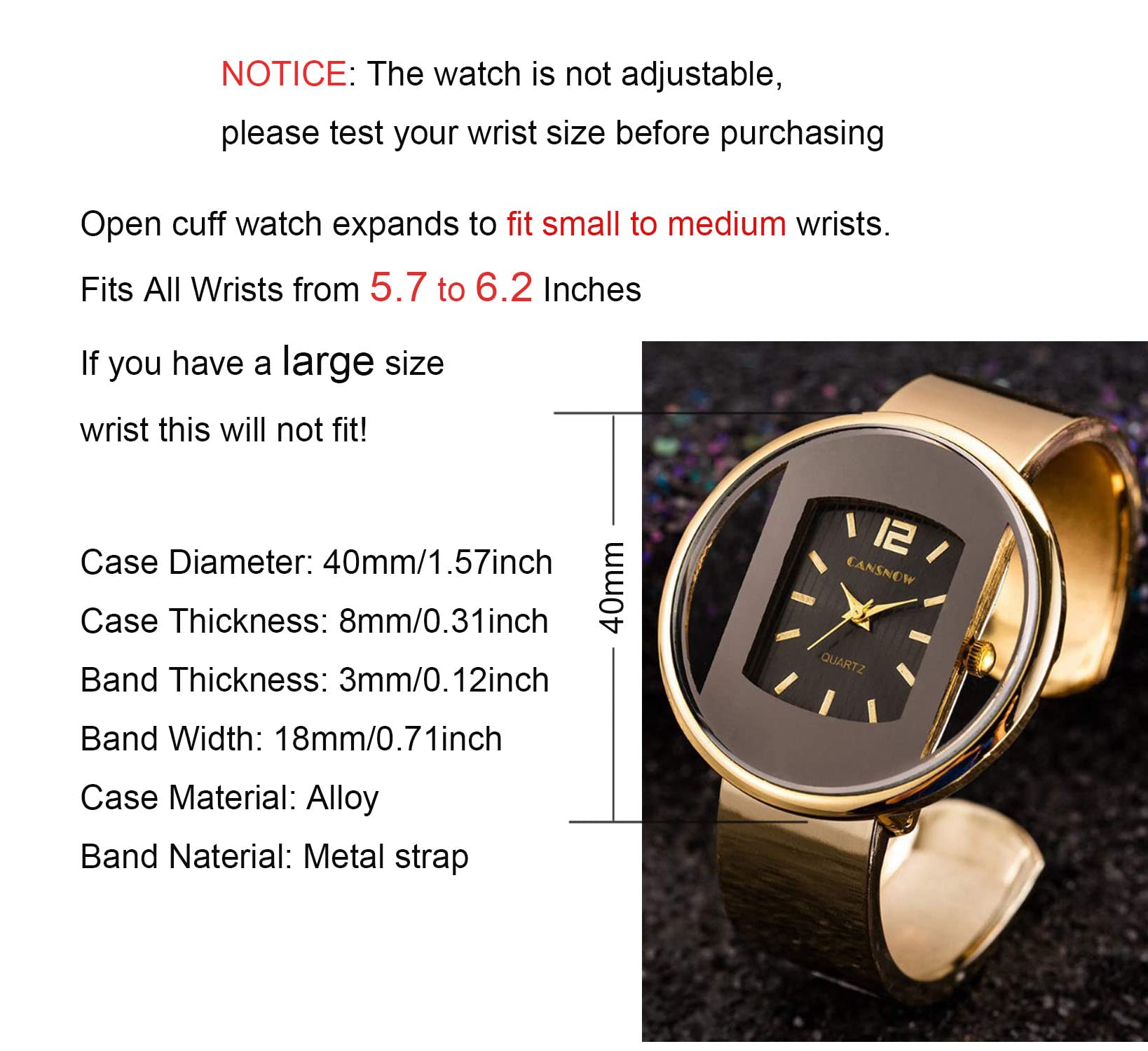 Gosasa Women's Elegant Metal Band Cuff Bangle Dress Watch 6 Inches in Gold for Small and Medium Sizes - View 5 of 6