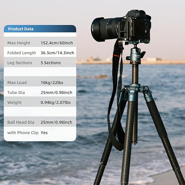 Fotopro Fotopro Carbon Fiber Tripod 60 Inch 360 Degree Ball Head Quick Release Plate Lightweight Camera Tripod for Travel Tripod Folded Height Only 14.2",Max Loads up to 22lbs,Blue - View 3 of 8