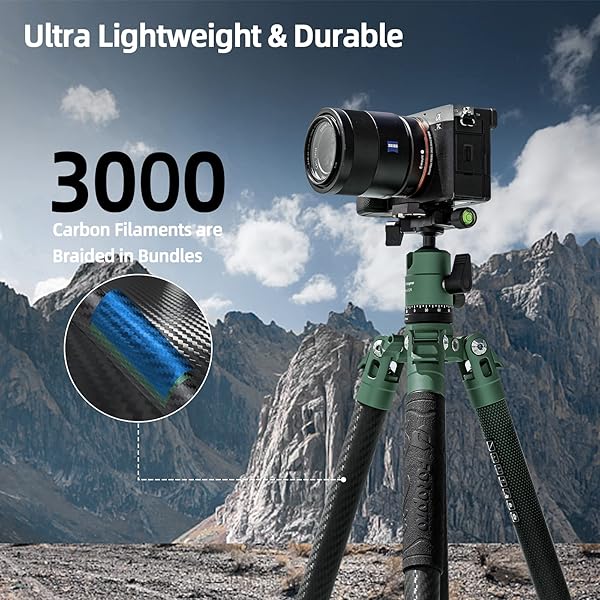 Fotopro Fotopro Carbon Fiber Tripod 60 Inch 360 Degree Ball Head Quick Release Plate Lightweight Camera Tripod for Travel Tripod Folded Height Only 14.2",Max Loads up to 22lbs,Green - View 4 of 8