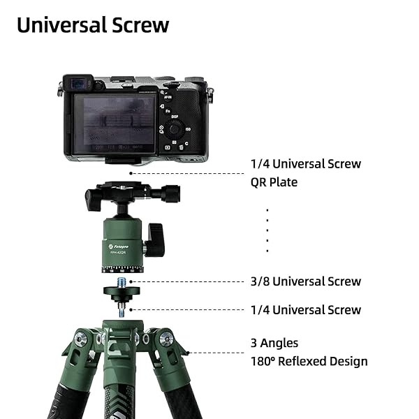 Fotopro Fotopro Carbon Fiber Tripod 60 Inch 360 Degree Ball Head Quick Release Plate Lightweight Camera Tripod for Travel Tripod Folded Height Only 14.2",Max Loads up to 22lbs,Green - View 5 of 8