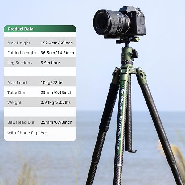 Fotopro Fotopro Carbon Fiber Tripod 60 Inch 360 Degree Ball Head Quick Release Plate Lightweight Camera Tripod for Travel Tripod Folded Height Only 14.2",Max Loads up to 22lbs,Green - View 7 of 8