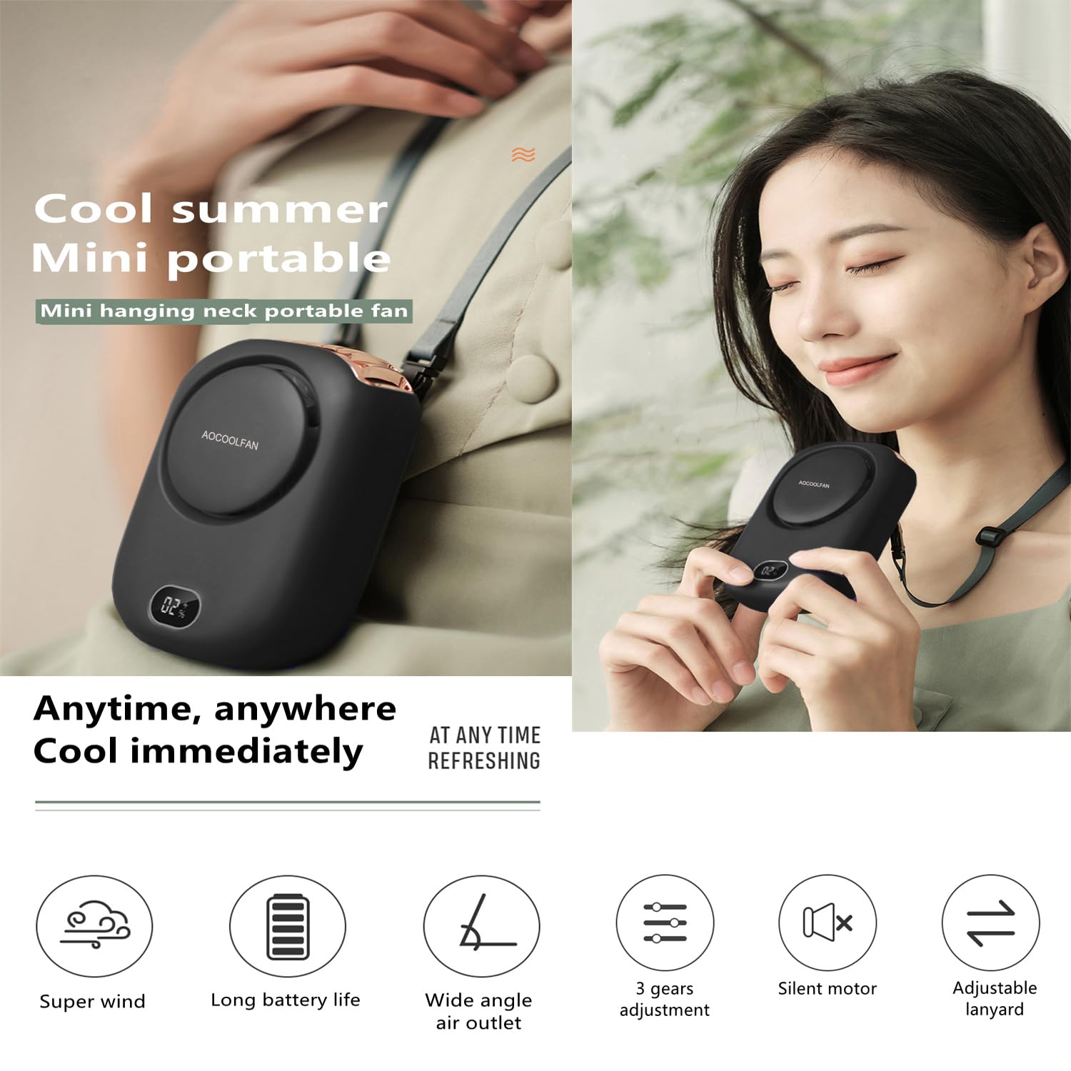 AOCOOLFAN Portable Neck Fan Mini Handheld USB Rechargeable 3 Speed Personal Fan for Travel Home Office Outdoor Use Black - View 2 of 6