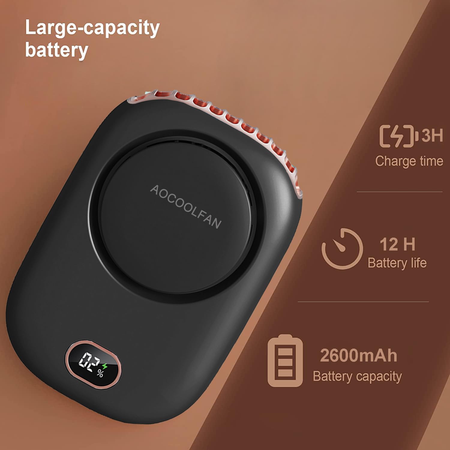 AOCOOLFAN Portable Neck Fan Mini Handheld USB Rechargeable 3 Speed Personal Fan for Travel Home Office Outdoor Use Black - View 3 of 6