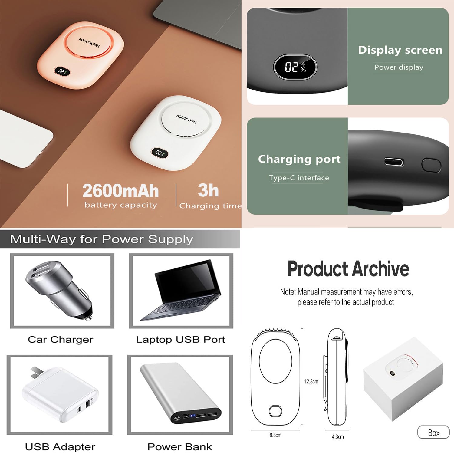 AOCOOLFAN Portable Neck Fan Mini Handheld USB Rechargeable 3 Speed Personal Fan for Travel Home Office Outdoor Use Black - View 5 of 6