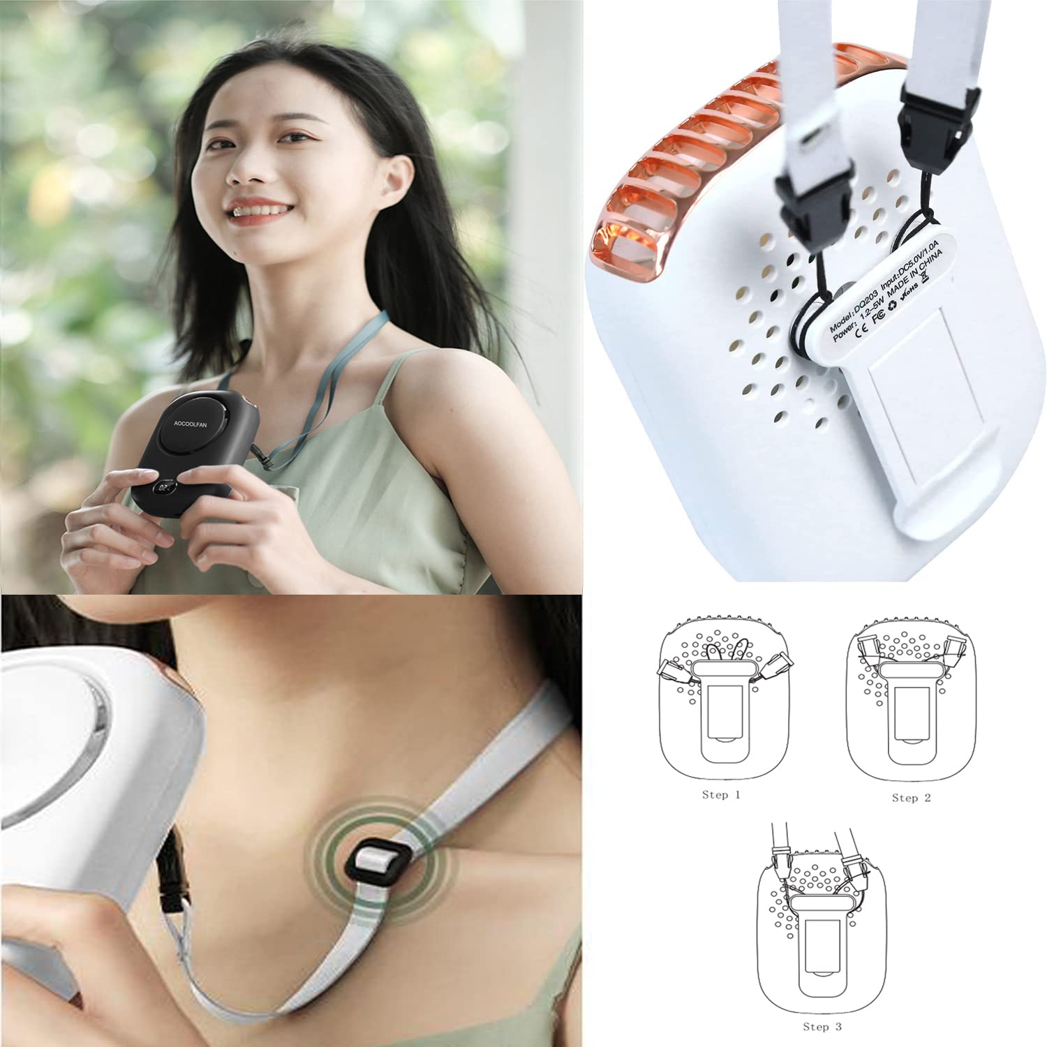 AOCOOLFAN Portable Neck Fan Mini Handheld USB Rechargeable 3 Speed Personal Fan for Travel Home Office Outdoor Use Black - View 6 of 6