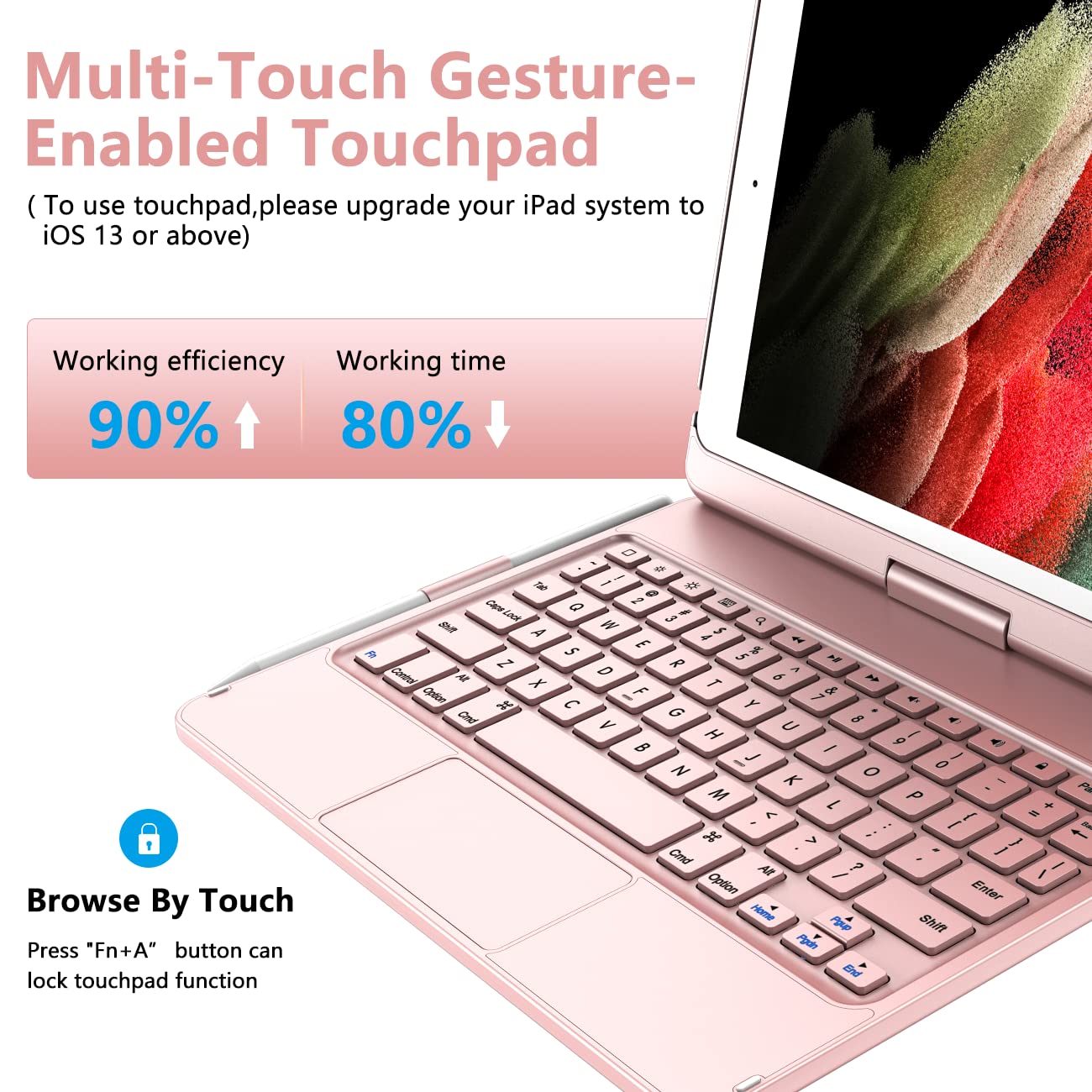 TQQ TQQ Touch iPad 9th Generation Case with Keyboard and Trackpad 360 Rotatable Protective Cover Rose Gold - View 2 of 7