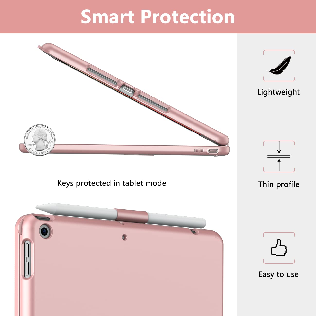 TQQ TQQ Touch iPad 9th Generation Case with Keyboard and Trackpad 360 Rotatable Protective Cover Rose Gold - View 3 of 7