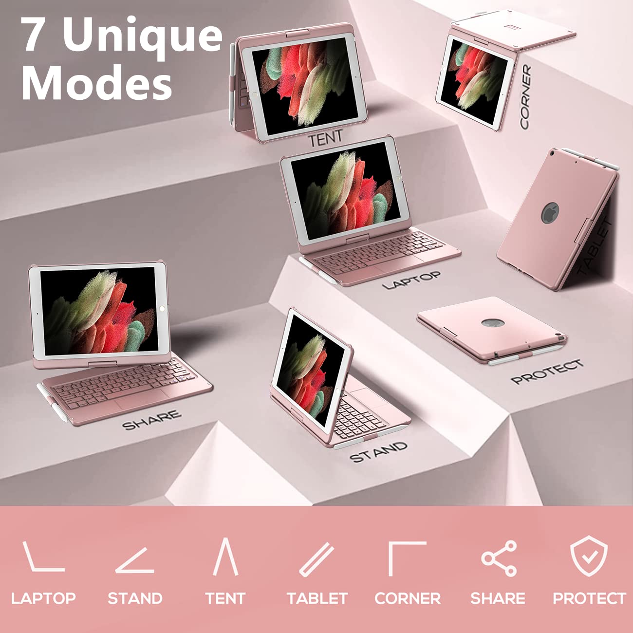 TQQ TQQ Touch iPad 9th Generation Case with Keyboard and Trackpad 360 Rotatable Protective Cover Rose Gold - View 5 of 7