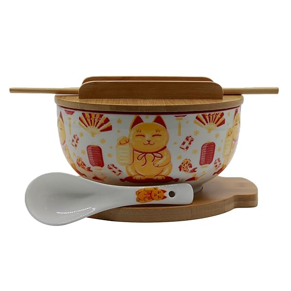 XWORLD XWORLD Japanese Ceramic Ramen Noodle Bowls Set with Spoon Chopsticks Lid Trivet 33.8 OZ Microwavable Oven Safe Lucky Cat Design