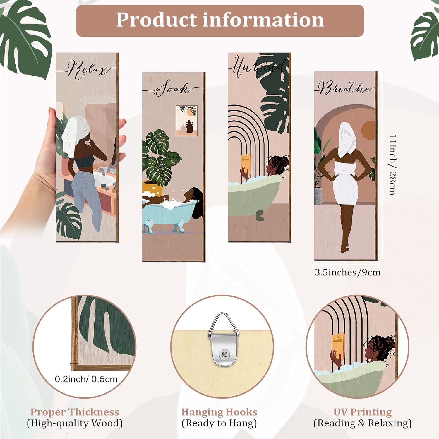 Yulejo Yulejo Relax Soak Unwind Breathe Sign Decor for Bathroom Wall Abstract Boho Wooden Art Mid Century Minimalist Rustic Plaque 11 x 3.5 Inch - View 2 of 7