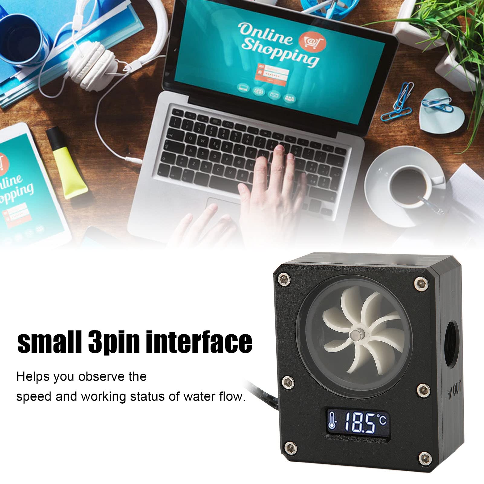 GOWENIC Water Cooling Meter Indicator 12V Small PC Acrylic Rustproof 3pin G1/4 Thread for Efficient PC Water Cooling System Black - View 3 of 9