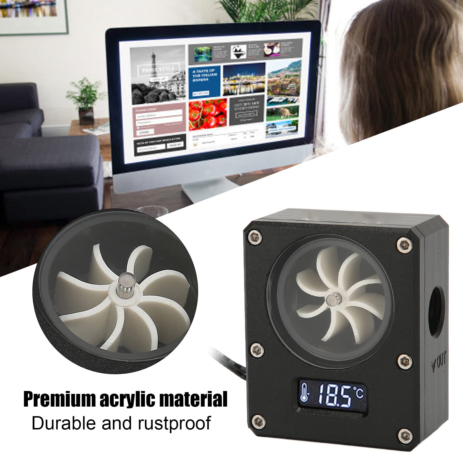 GOWENIC Water Cooling Meter Indicator 12V Small PC Acrylic Rustproof 3pin G1/4 Thread for Efficient PC Water Cooling System Black - View 4 of 9