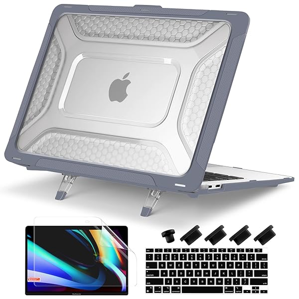 Batianda Batianda Heavy Duty Protective Case for MacBook Air 13 inch 2021 2020 A2337 M1 A2179 A1932 with Slim Bumper Kickstand and Keyboard Cover Gray - View 2 of 7