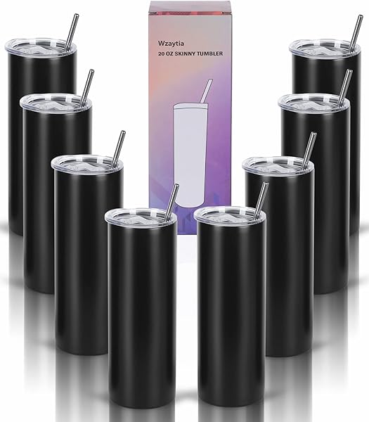 Wzaytia Wzaytia 20 Oz Stainless Steel Skinny Tumbler Set 8 Pack Insulated Travel Cups with Lid Black