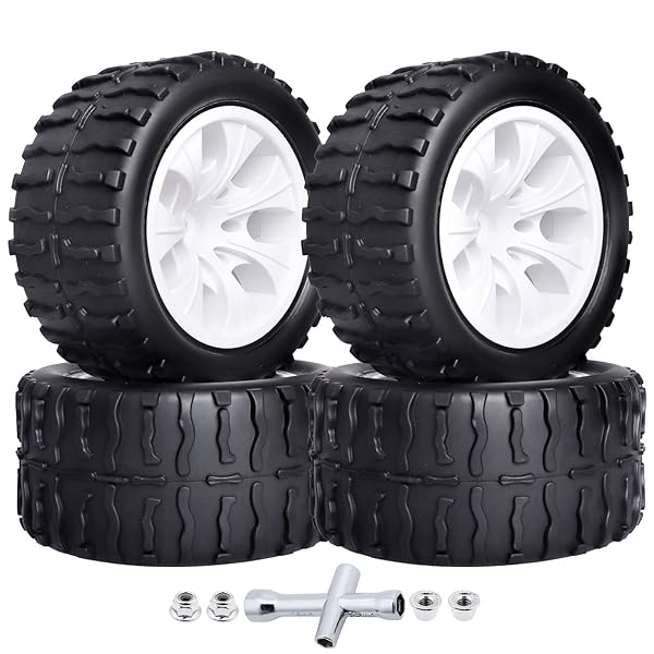 GoHobby Pre-Glued GoHobby 1/10 RC Truck Tires 2.8 Inch and 12mm Hex Wheels for Traxxas Slash Rustler Redcat Volcano Team Associated MT10 Set of 4