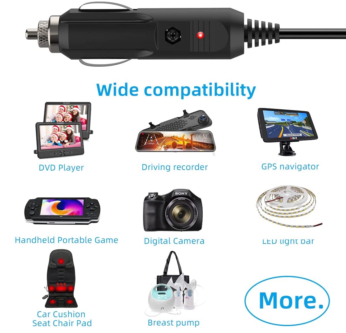 HECHOBO 12V 2A Car Charger Universal Power Cord 5.5x2.1mm to Cigarette Lighter with 8 Connectors for DVD Player and More 6.6ft - View 2 of 7