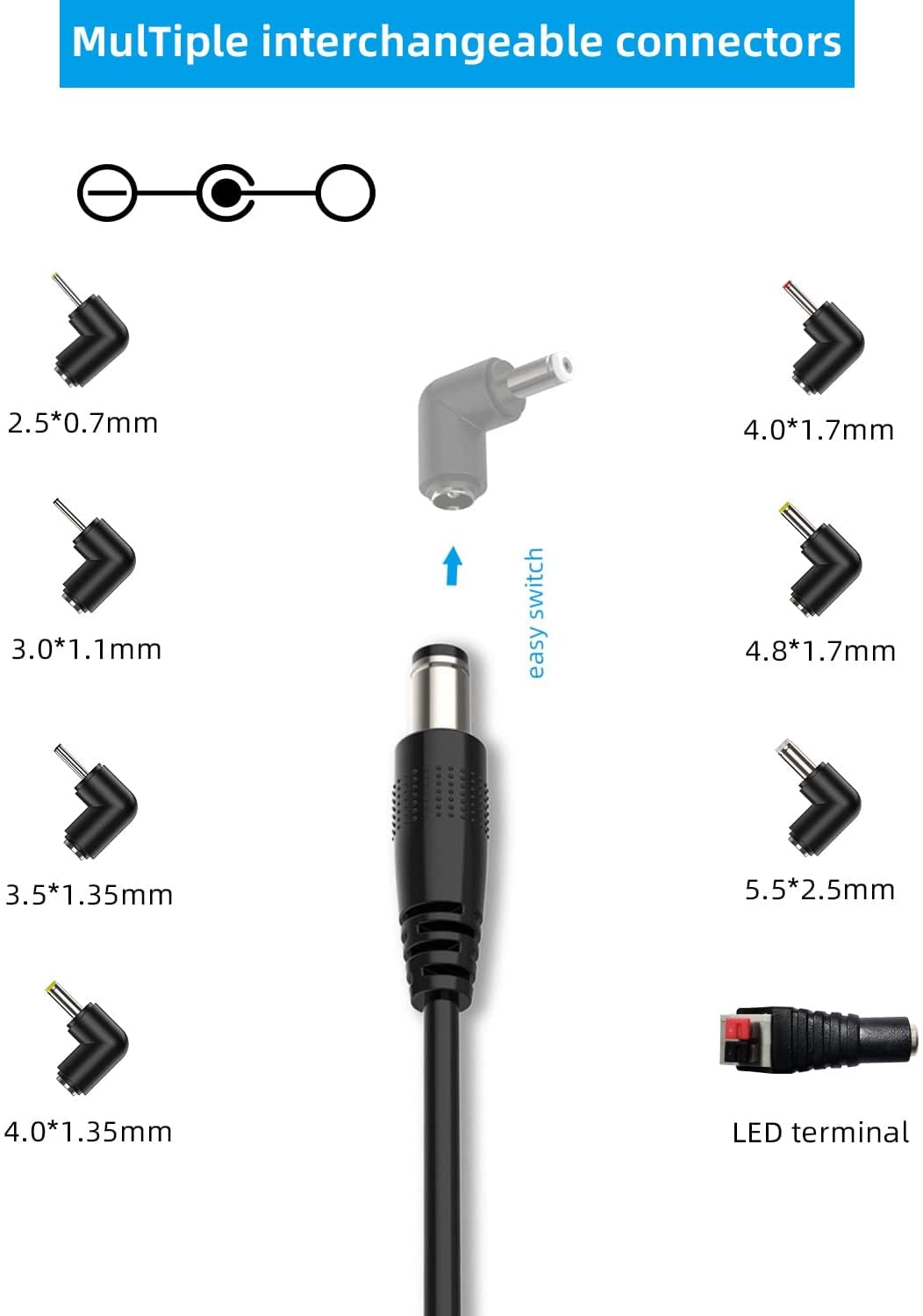 HECHOBO 12V 2A Car Charger Universal Power Cord 5.5x2.1mm to Cigarette Lighter with 8 Connectors for DVD Player and More 6.6ft - View 3 of 7
