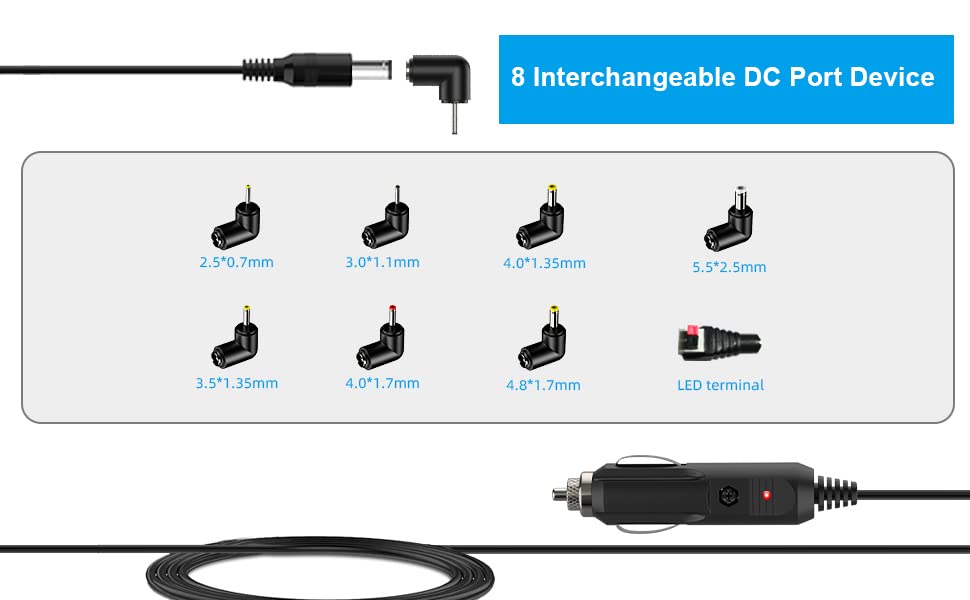 HECHOBO 12V 2A Car Charger Universal Power Cord 5.5x2.1mm to Cigarette Lighter with 8 Connectors for DVD Player and More 6.6ft - View 5 of 7