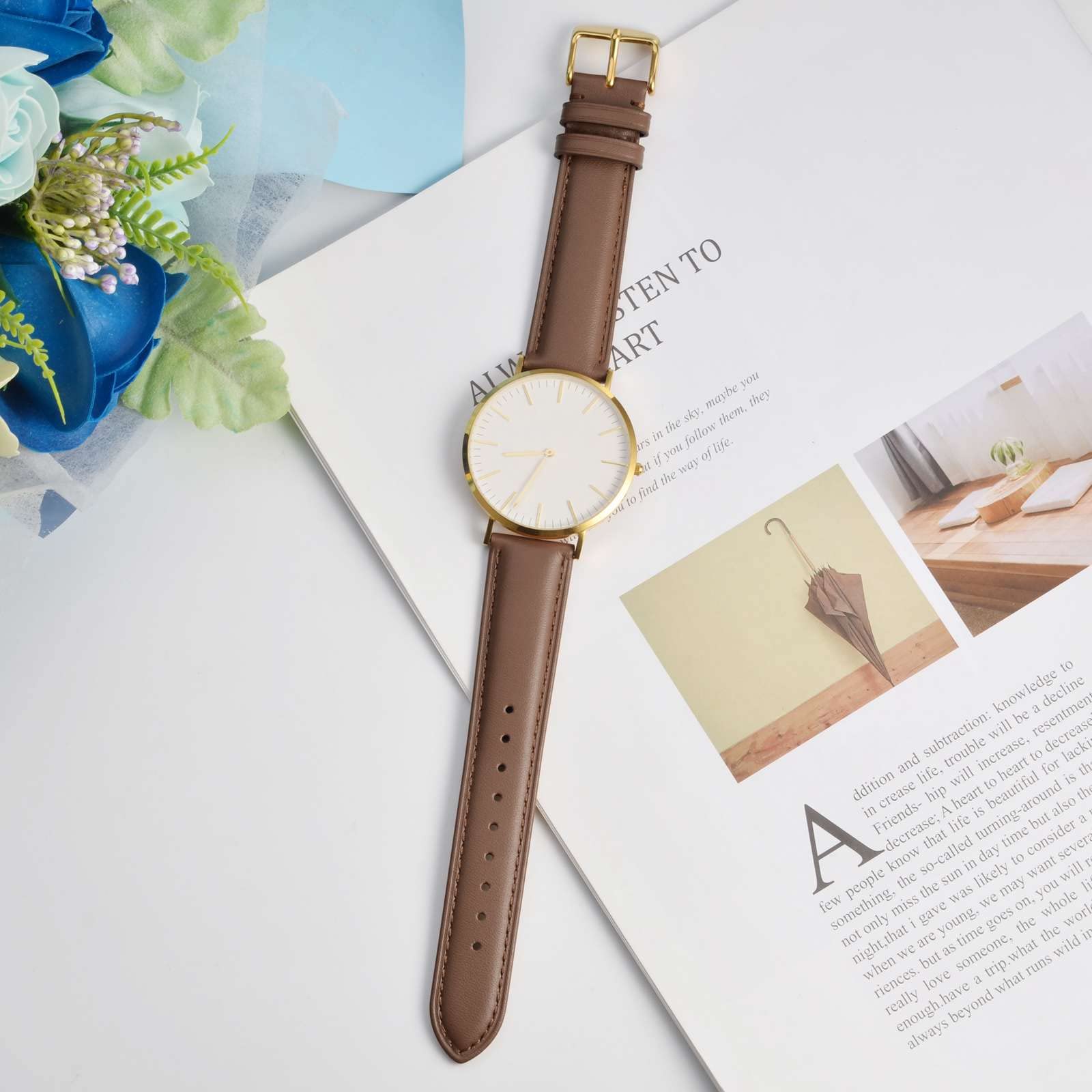 WOCCI WOCCI 18mm Flower Watch Band for Women Genuine Leather Quick Release Strap with Gold Buckle in Brown - View 8 of 9