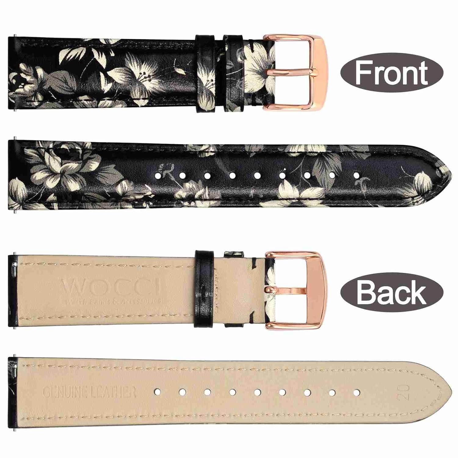 WOCCI WOCCI 22mm Flower Watch Band for Women Genuine Leather Quick Release Strap with Rose Gold Buckle Ash Blooms - View 4 of 9