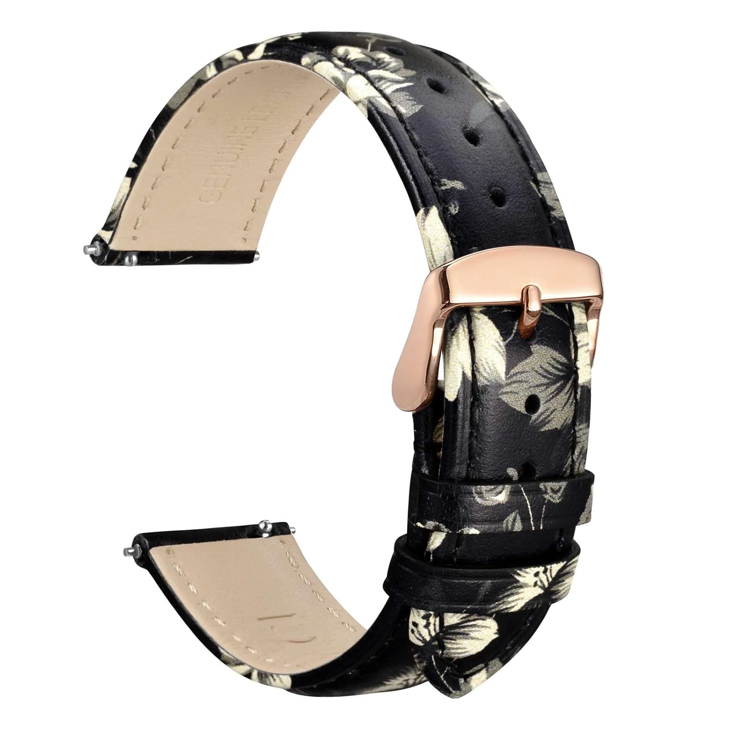 WOCCI 22mm Flower Watch Band for Women Genuine Leather Quick Release Strap with Rose Gold Buckle Ash Blooms