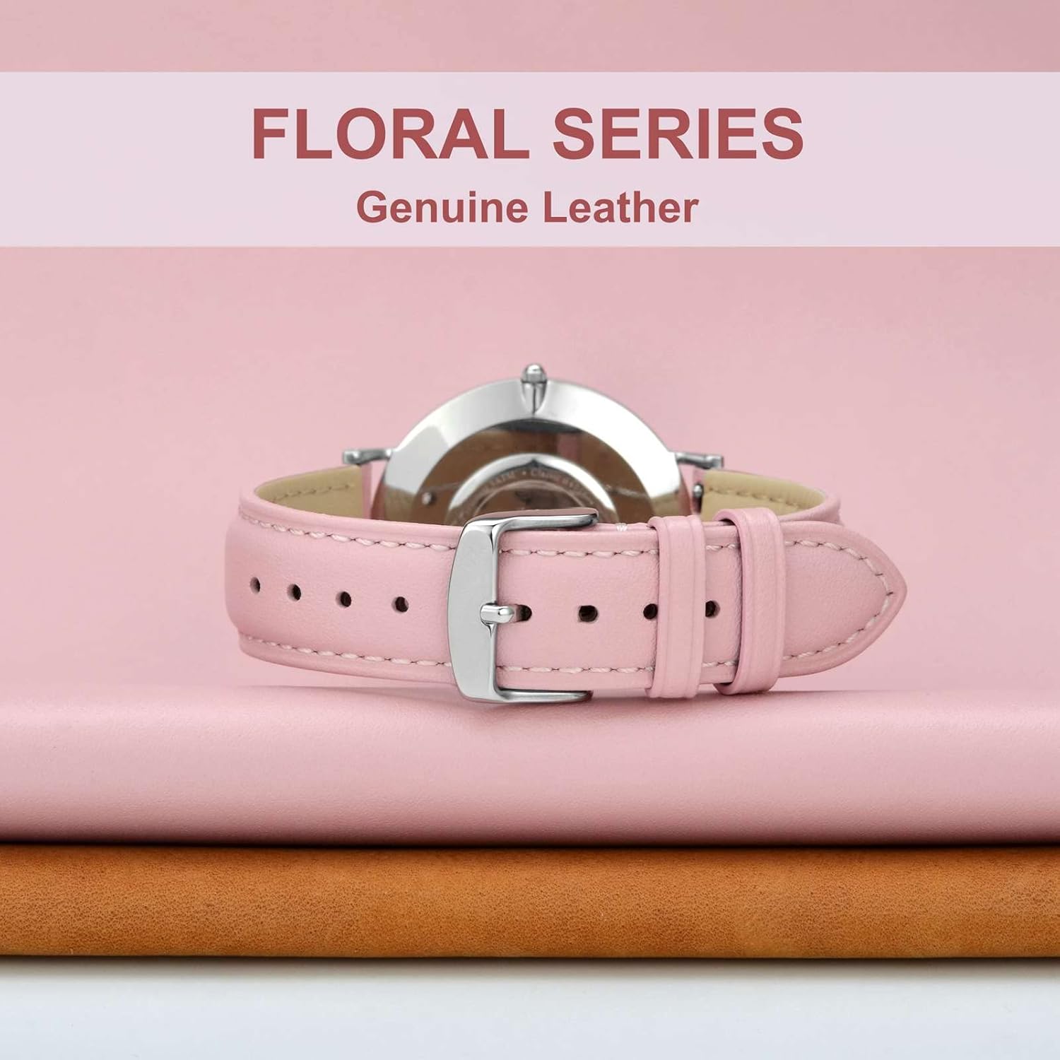 WOCCI WOCCI 20mm Pink Flower Watch Band for Women Genuine Leather Quick Release Strap with Silver Buckle - View 2 of 9
