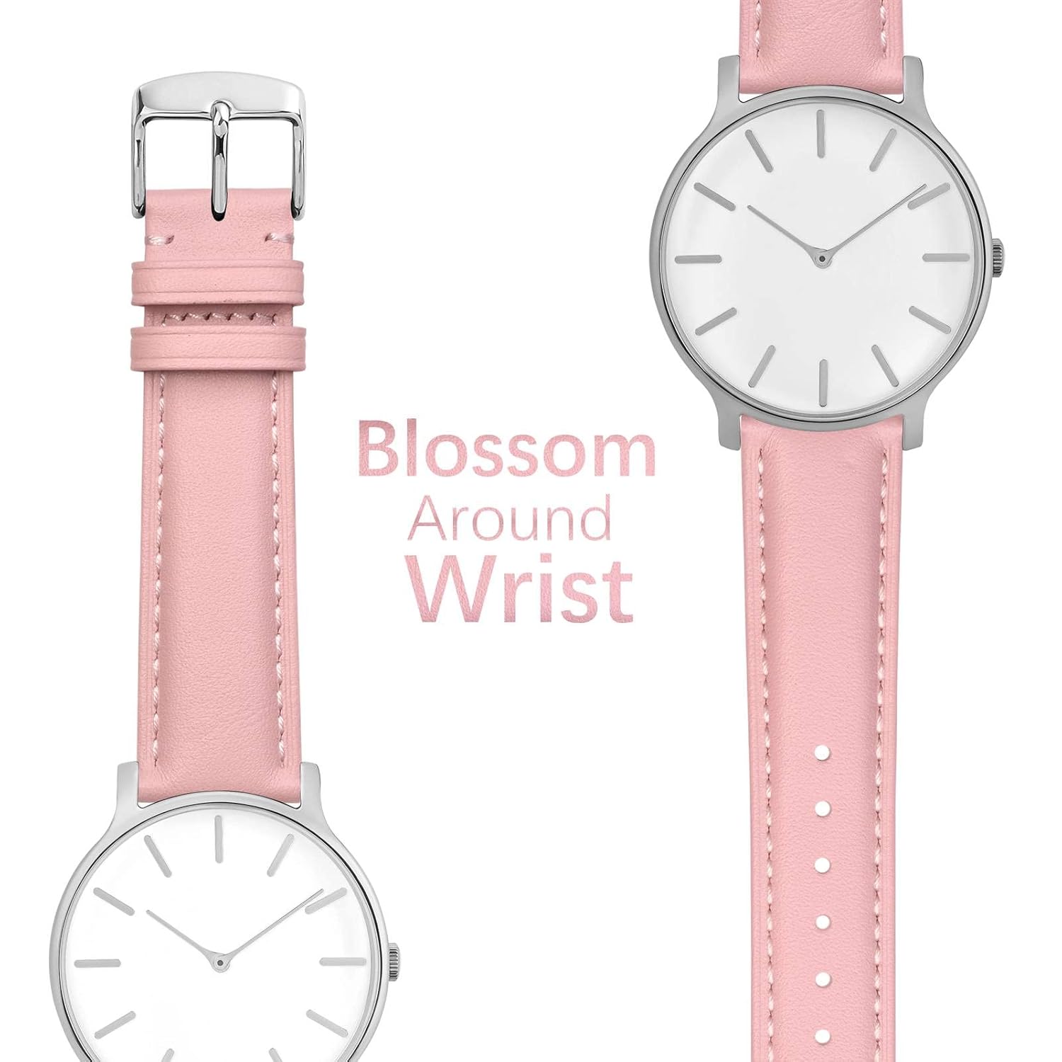 WOCCI WOCCI 20mm Pink Flower Watch Band for Women Genuine Leather Quick Release Strap with Silver Buckle - View 3 of 9