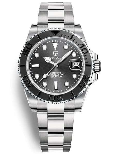 PAGRNE DESIGN Pagani Design Men's Automatic NH35 Watch - 100M Waterproof, Stainless Steel, Sapphire Glass - PD-1651 Black Yacht Wristwatch