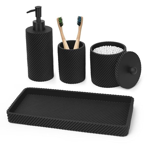 LeucSuiok Black Bathroom Accessories Set 4 Pcs Toothbrush Holder Lotion Soap Dispenser Qtip Holder Vanity Tray Countertop Organizer