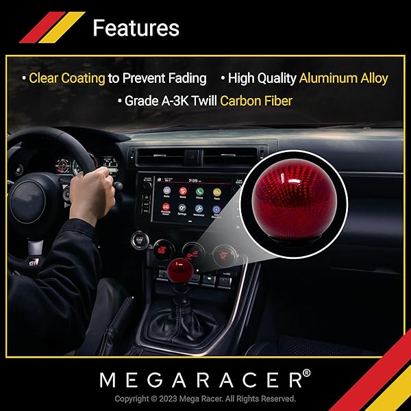 Mega Racer Ball Red Carbon Fiber Shift Knob | Buttonless Automatic & Manual Gear Shift Knobs for 4, 5, & 6 Speed Cars - View 4 of 7