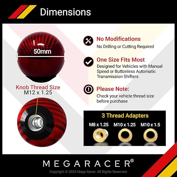 Mega Racer Ball Red Carbon Fiber Shift Knob | Buttonless Automatic & Manual Gear Shift Knobs for 4, 5, & 6 Speed Cars - View 5 of 7