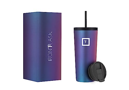 IRON FLASK Classic Tumbler 2.0 with 2 Lids Vacuum Insulated Stainless Steel Water Bottle Double Walled Thermos Travel Mug Aura 24 Oz