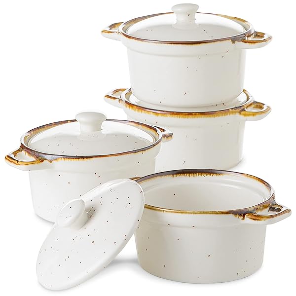 contenpo ONEMORE Ramekins with Lids 12 oz Ceramic Casserole Dish Set of 4 Rustic Mini Dutch Ovens for Baking Soup Individual Serving Creamy White
