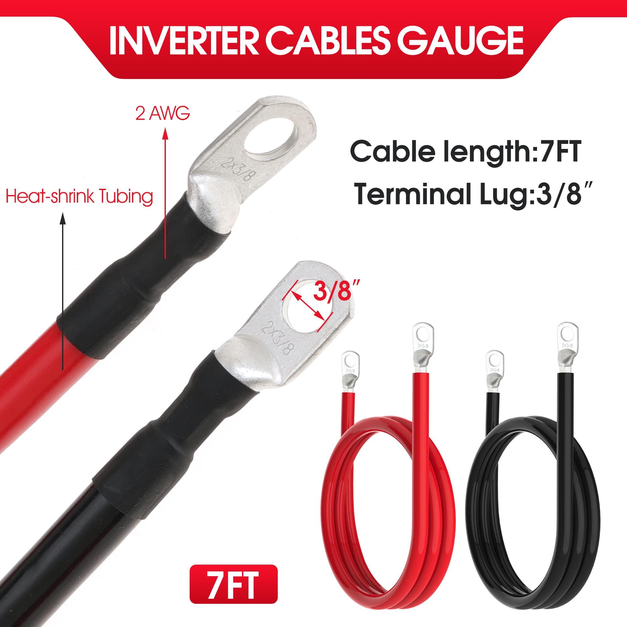 2 AWG Battery Cable Set Pure Copper Inverter Cables 7FT for Solar Marine Boat RV Car Motorcycle 2pcs with 3/8 in Lugs - View 2 of 9