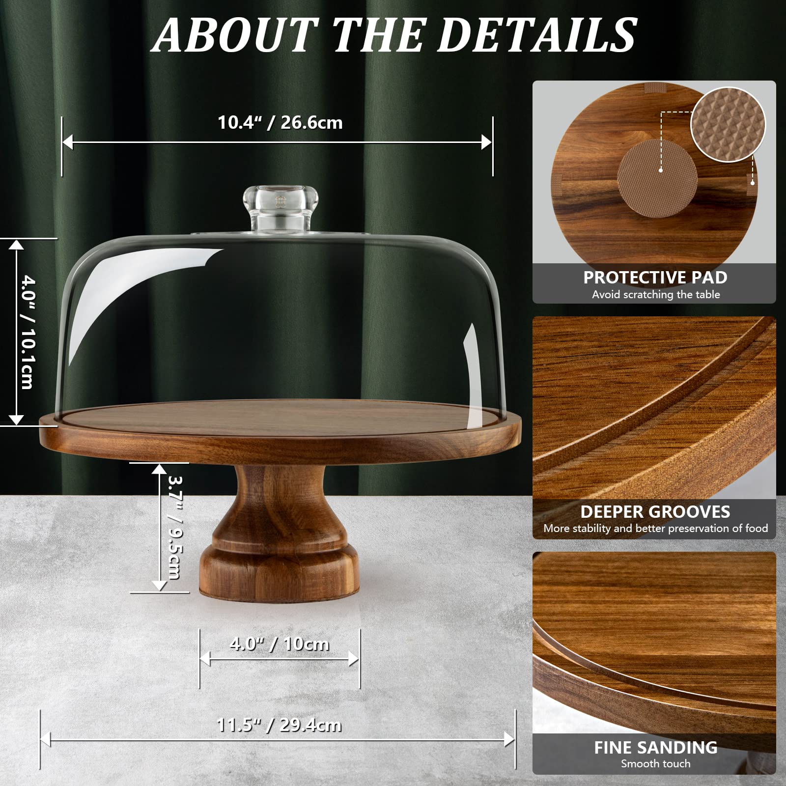 ANBOXIT ANBOXIT Acacia Wood Cake Stand with Dome Lid Elegant Wooden Cake Display Stand with Acrylic Cover for Perfect Presentation - View 6 of 7