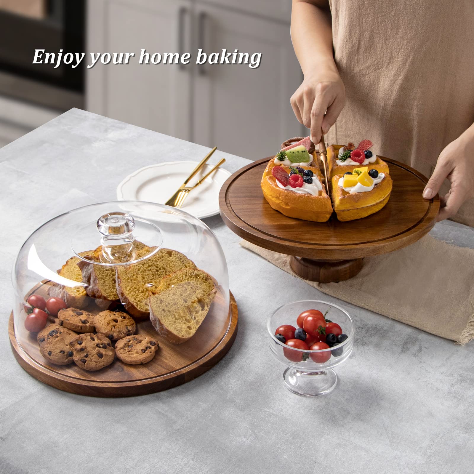 ANBOXIT ANBOXIT Acacia Wood Cake Stand with Dome Lid Elegant Wooden Cake Display Stand with Acrylic Cover for Perfect Presentation - View 7 of 7